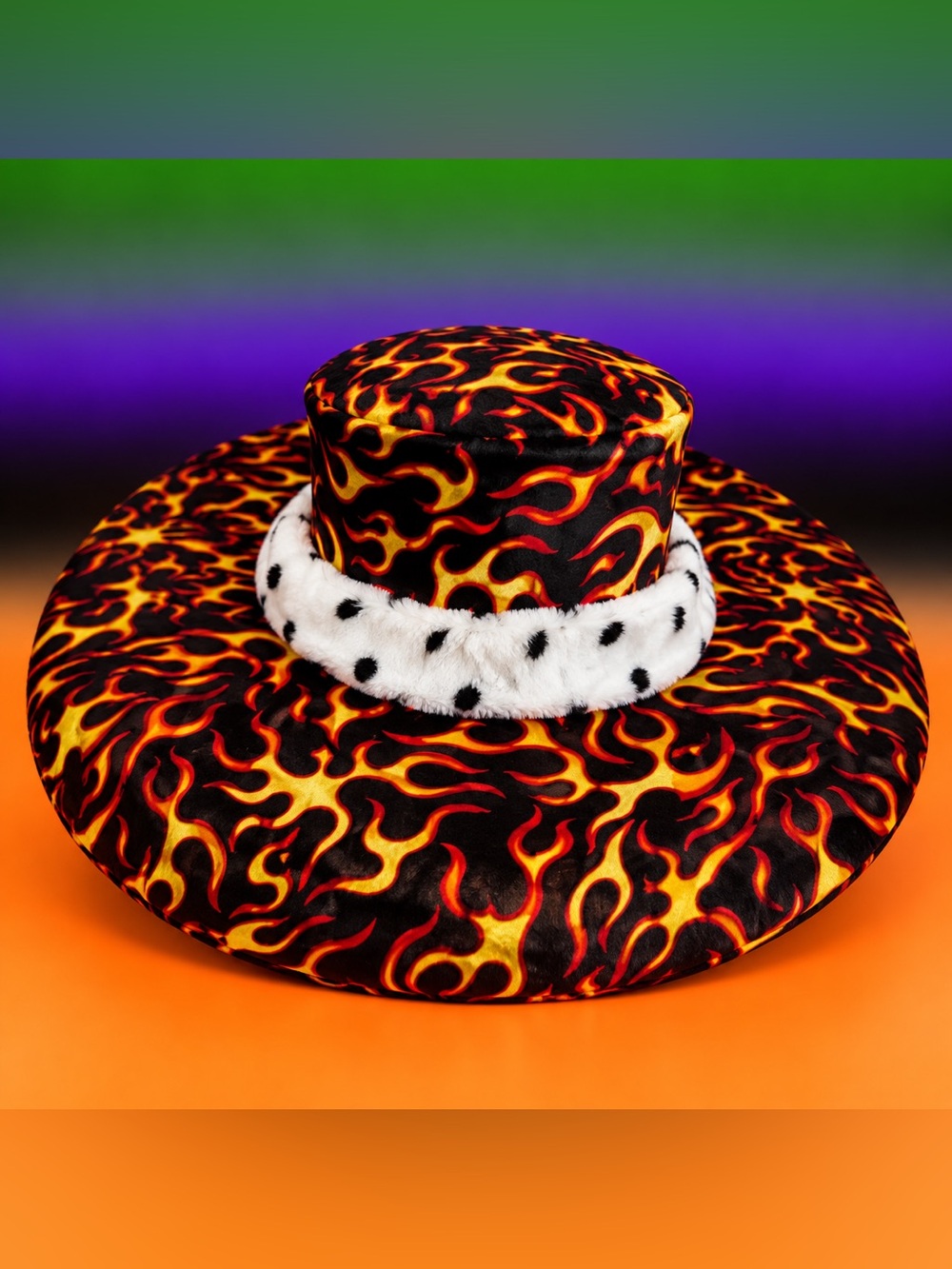 Flame Print Wide Brim Hat with Faux Fur Trim
